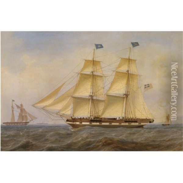 A Brig, Flying The Blue Peter, Outward Bound Off Pladda Island Oil Painting - William Clark