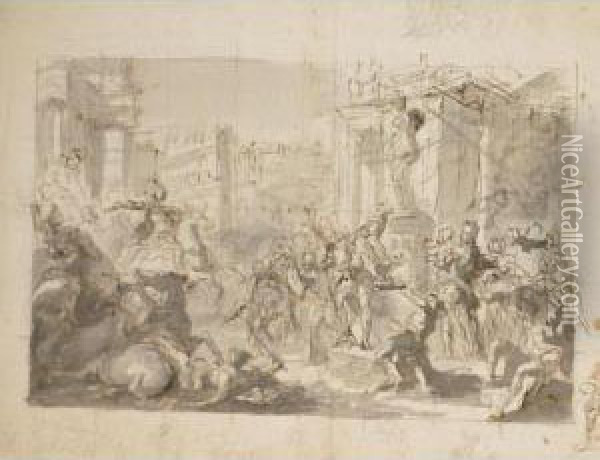 Scena Di Guerrieri Con Edifici Classici Oil Painting - Giovanni Antonio Pellegrini