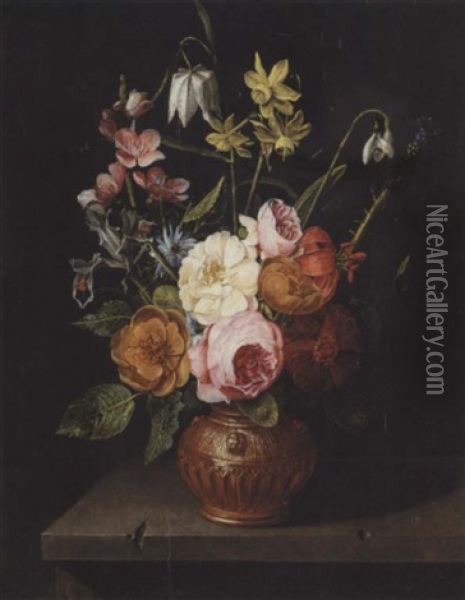 A Still Life Of Roses, Lilies, Irises, Narcissi And Snake-head Fritillaries, In An Urn, Upon A Stone Ledge Oil Painting - Clara Peeters