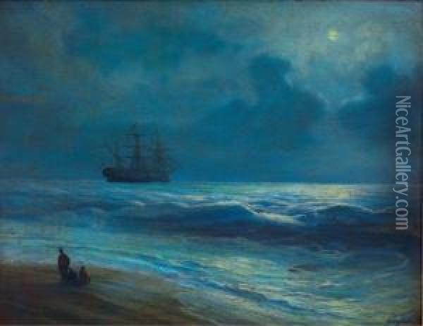 Clipper Ship At Sea In Moonlit Scene With Figures Atshore Oil Painting - Ivan Konstantinovich Aivazovsky