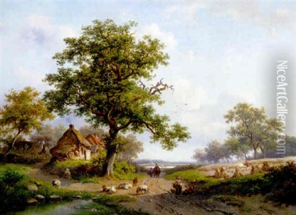 Figures And Sheep On A Path Near Cottages And A Harvester In A Field Oil Painting - Frederik Marinus Kruseman