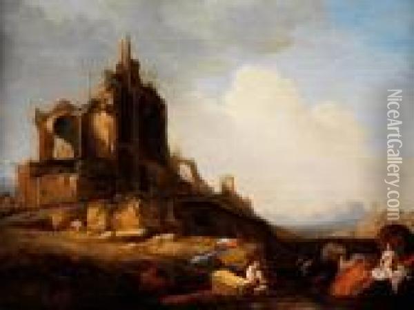 Ruinenlandschaft Mit Flusslauf Und Badenden Frauen Oil Painting - Bartholomeus Breenbergh