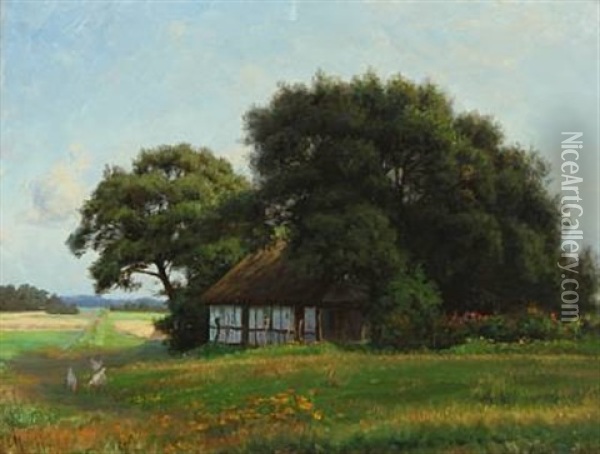 Summer Landscape At A Thatched House Oil Painting - Emilie (Caroline E.) Mundt