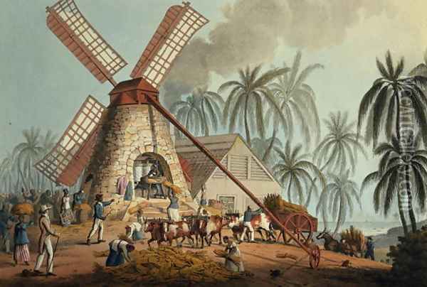 The Crusher Squeezes Juice from the Cane, Antigua, 1823 Oil Painting - William Clark