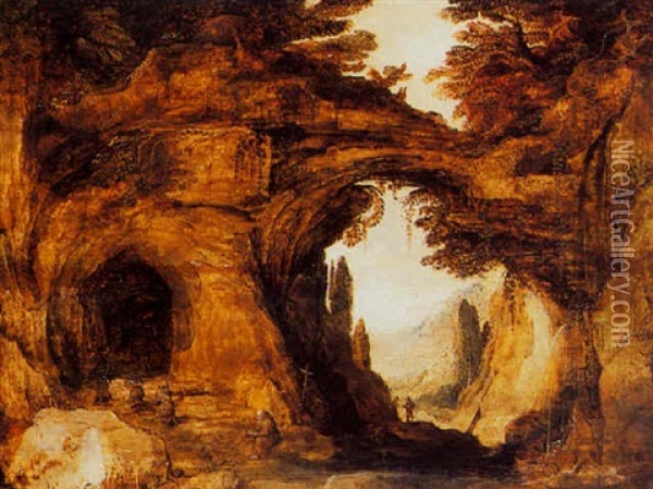 A Rocky Landscape With Hermits Praying Near The Entrance Of A Grotto Oil Painting - Joos de Momper the Younger