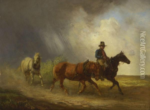 Postreiter Mit Pferden Bei Aufziehendem Gewitter Oil Painting - Alois Bach