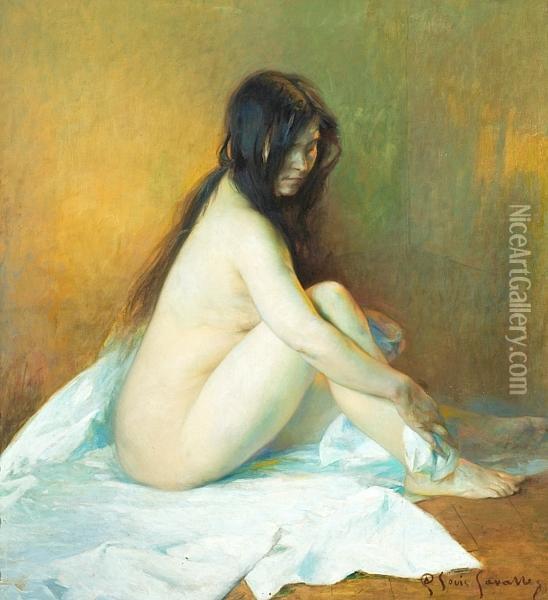 A Sitting Naked Woman Oil Painting - Alexandre Claude L. Lavalley