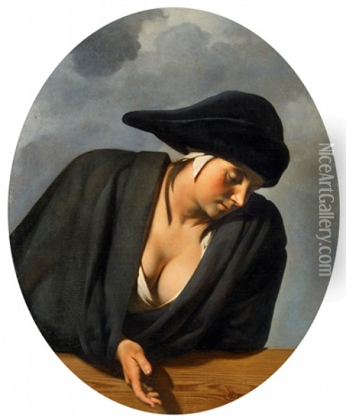 Young Woman In A Black Hat On A Balustrade Oil Painting - Cesar Boetius van Everdingen