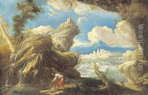 A rocky landscape with a fisherman by a waterfall, a lake and town beyond Oil Painting - Alessandro Magnasco