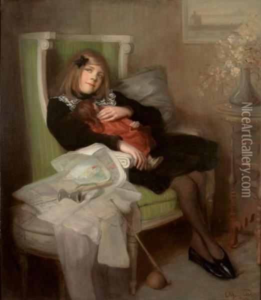 Portrait Eines Reizenden Madchens Mit Puppe Im Armlehnstuhl In Einem Salon Oil Painting - Cecile Morgand