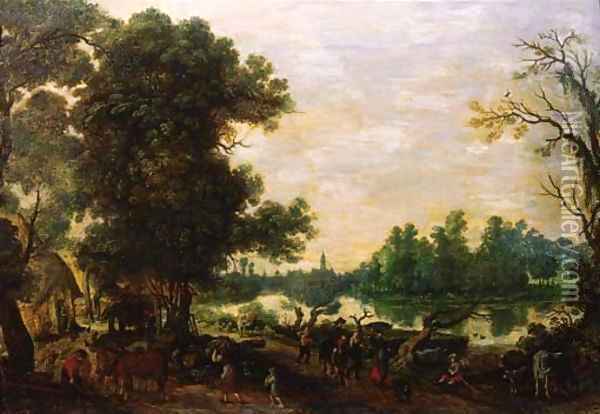 Peasants returning from market on a road by a river Oil Painting - Sebastian Vrancx