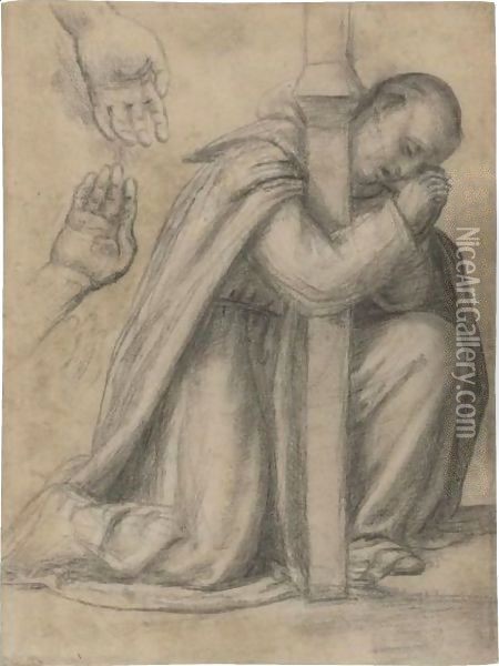Study Of A Dominican Kneeling In Prayer At The Foot Of A Cross, And Separate Studies Of Hands Oil Painting - Fra Paolino
