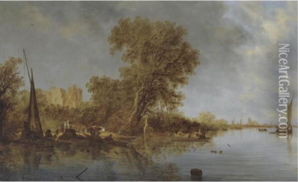 River Landscape With Fishermen Casting Their Nets Oil Painting - Salomon van Ruysdael