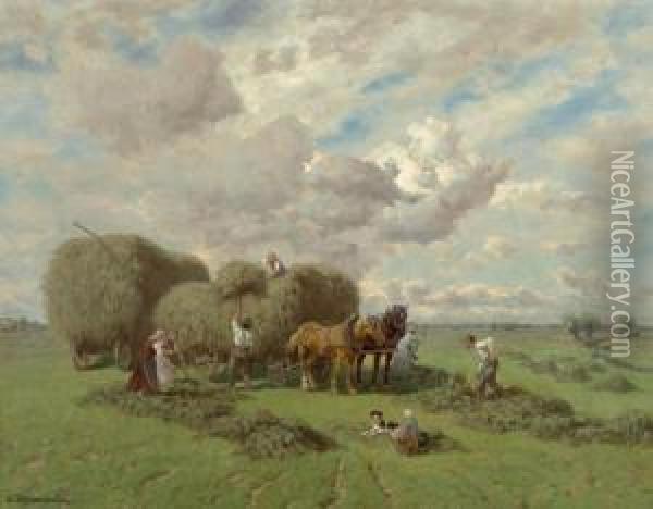 At The Hay Harvest. Oil Painting - Desire Tomassin