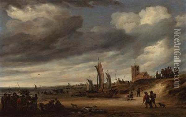 The Beach At Egmond-aan-zee, With Figures And Boats On Theshore Oil Painting - Salomon van Ruysdael