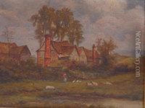 M Mascall - Farmstead With Livestock And Figure Oil Painting - Christopher Mark Maskell