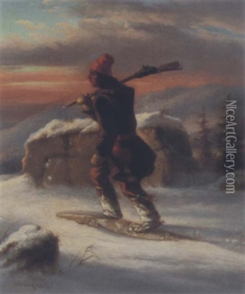 Indian Hunter, Winter Sunset Oil Painting - Cornelius David Krieghoff