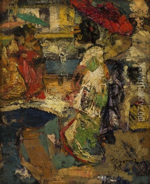 Japanese Girls By An Ornamental Pond Oil Painting - Edward Atkinson Hornel
