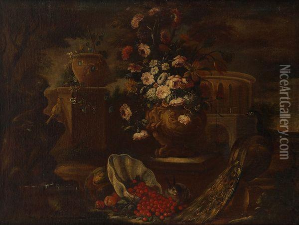 Scene Nocturne Au Vase De Fleurs Et Coupe De Fruits Oil Painting - Giuseppe Lavagna