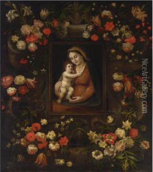 The Madonna And Child Placed In A
 Stone Ornament Surrounded By Tulips, Roses, Daffodils, Lilies And Other
 Flowers Oil Painting - Jan van Kessel