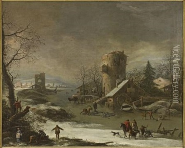 A Snow Covered River Landscape With Figures And Animals Oil Painting - Adam de Colonia