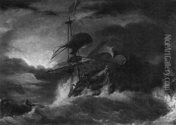 A Frigate In Stormy Seas Oil Painting - George Philip Reinagle