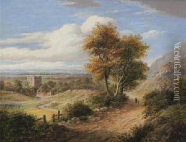Yorkshire Landscape With Castle Oil Painting - James Nasmyth