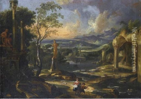 Paesaggio Fluviale Con Viandanti E Rovine Classiche Oil Painting - Andrea Porta
