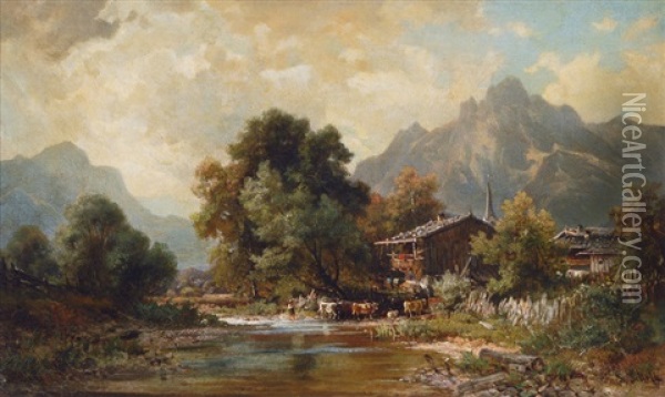 A Shepherd In The Alps Oil Painting - Ludwig Sckell