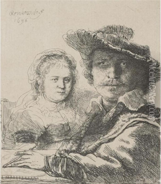 Self Portrait With Saskia (b., Holl. 19; H. 144; Bb.36-a) Oil Painting - Rembrandt Van Rijn