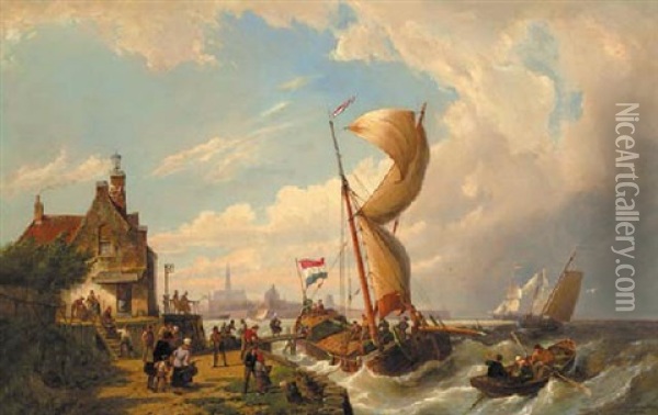Passengers Boarding A Barge At The Goeser Veerhuis With Goes In The Distance Oil Painting - Pieter Cornelis Dommershuijzen