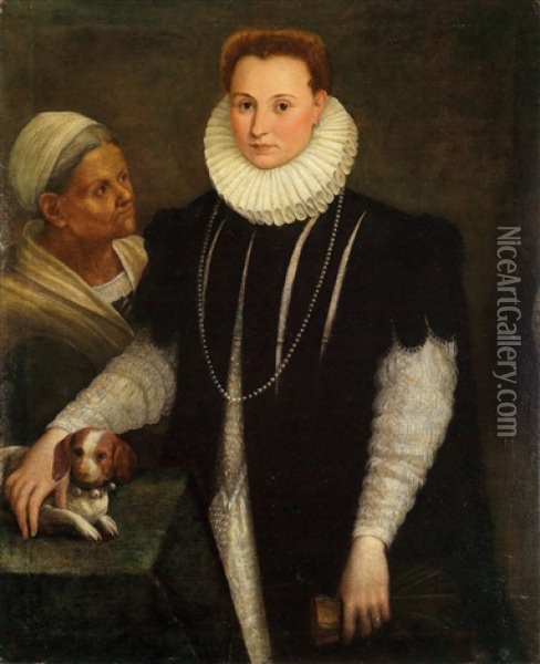 Portrait Of A Noblewoman With A Servant And Small Dog Oil Painting - Lavinia Fontana