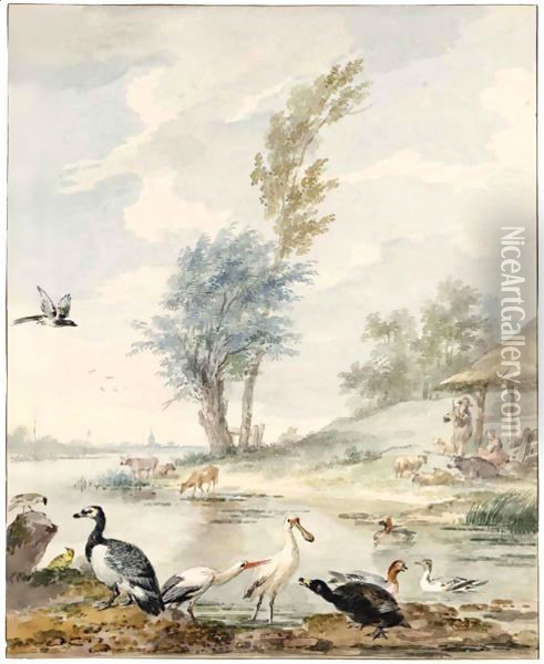 Dutch River Landscape With A Spoonbill, A Stork, A Goose, Ducks And Other Birds Oil Painting - Aert Schouman