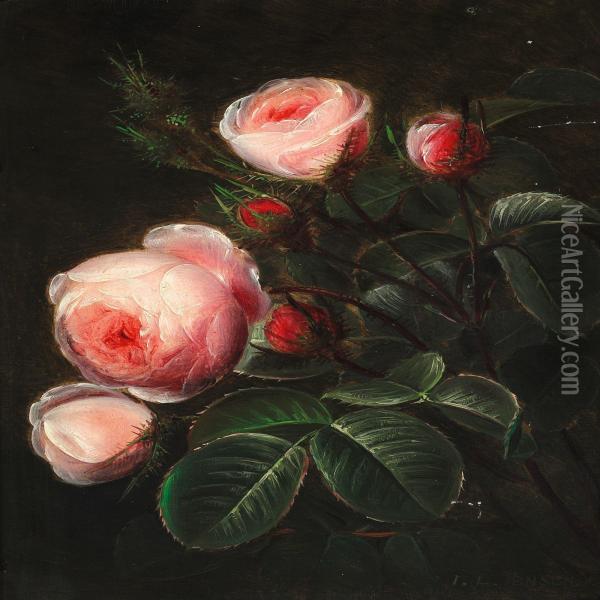 Branches Of Pink Roses Oil Painting - Johan Laurentz Jensen