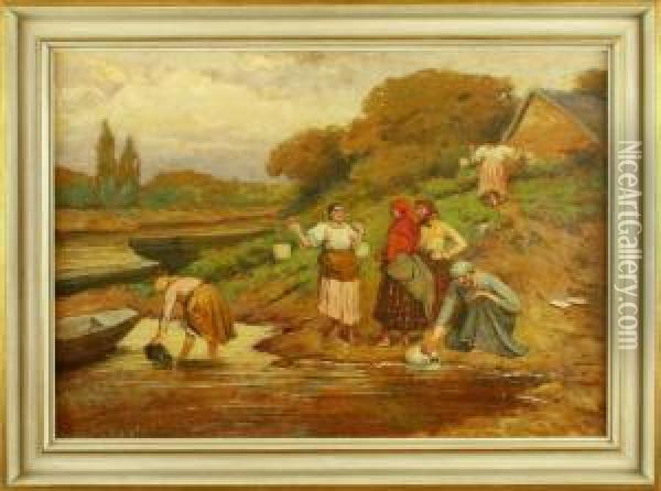 Ungarische Landfrauen Am Flus Beim Wasser Schopfen Oil Painting - Lajos Deak Ebner