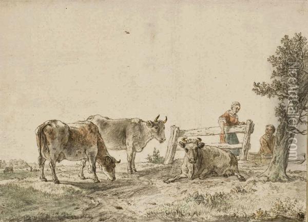 Vaches Et Paysans Dans Un Pre Oil Painting - Karel La Fargue
