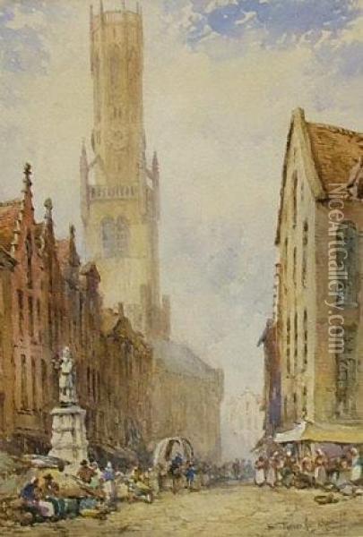 Market Scene In Bruges Oil Painting - Pierre Le Boueff