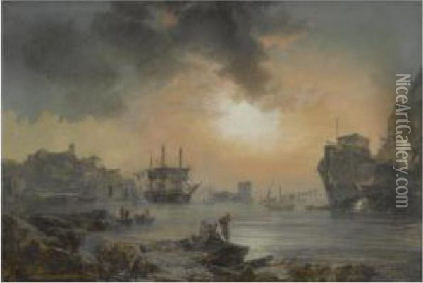 A Harbour Scene With Figures Cavorting In The Foreground And Shipsdocking Beyond Oil Painting - Alexandre-Jean Noel