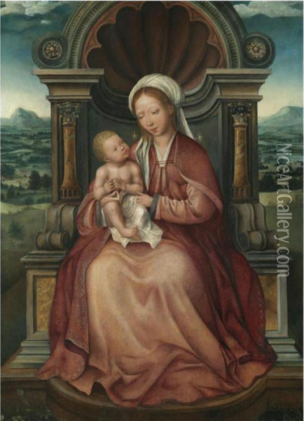The Virgin And Child Enthroned Oil Painting - Quinten Metsys