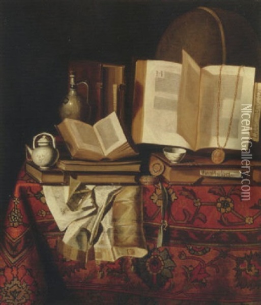 A Silver Jug And A Teapot, A Watch, A Golden Chain, A Teapot, Books And Documents On A Draped Table Oil Painting -  Pseudo-Roestraten