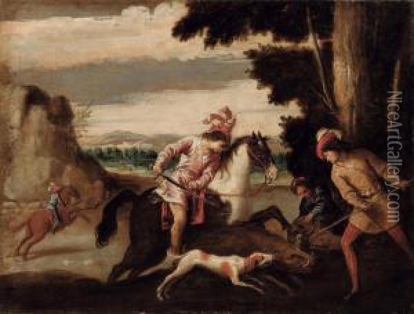 Caccia Al Cinghiale Olio Su Tela Oil Painting - Pietro Della Vecchio