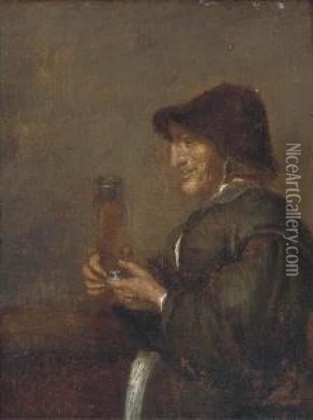 A Peasant Man Smoking A Pipe In An Interior; And A Peasant Womandrinking In An Interior Oil Painting - Joos van Craesbeeck