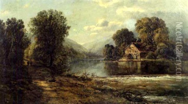 Panoramic Landscape Of Mountains And River, With Figures And House Oil Painting - Edmund Darch Lewis