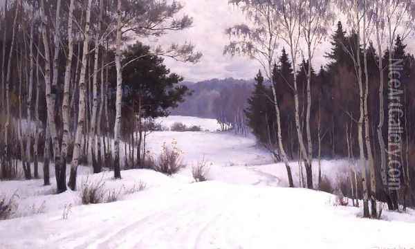 Woodland Trail in Winter Oil Painting - Boris Walentinowitsch Scherkow