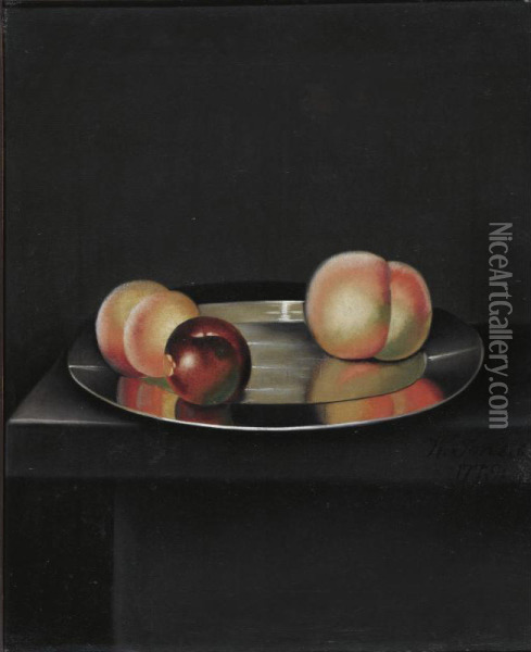 Still Life With Peaches And An Apple On A Pewter Plate Oil Painting - William Jones Of Bath