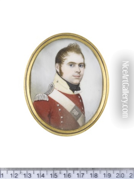 Lieutenant Robert Dowman Battelle (b.1788) Of The 62nd (derbyshire) Regiment Of Foot And Mrs Sarah Battelle (b.1788) (pair) Oil Painting - Frederick Buck
