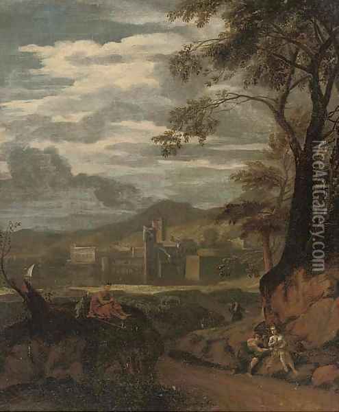 A river landscape with a flute player and other figures resting, a town beyond Oil Painting - Gaspard Dughet