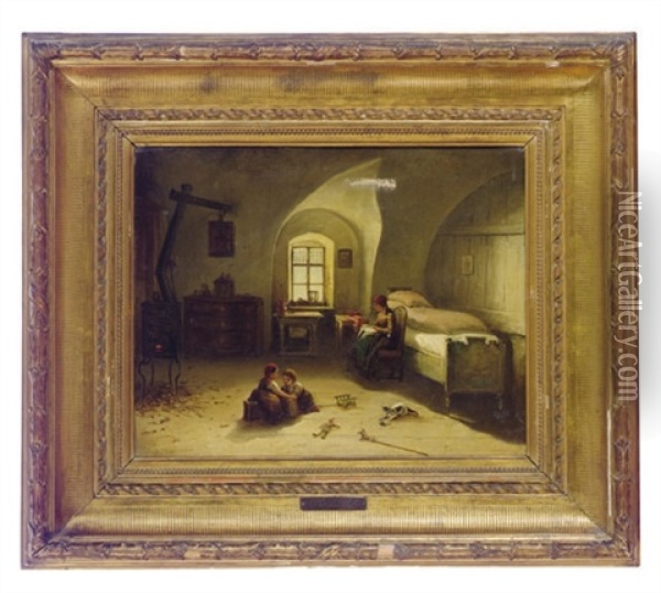 Children At Play With Their Mother And A Kitten In An Interior Oil Painting - Friedrich Ritter von Malheim Friedlaender