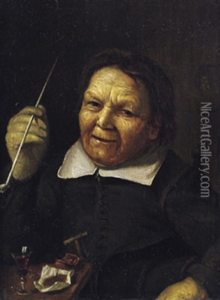 Bildnis Einer Alten Frau Mit Einer Pfeife Vor Einem Gefullten Weinglas Oil Painting - Johannes Fransz Hals
