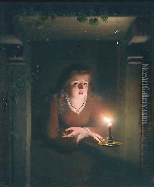 A young girl by candlelight Oil Painting - Johannes Rosierse